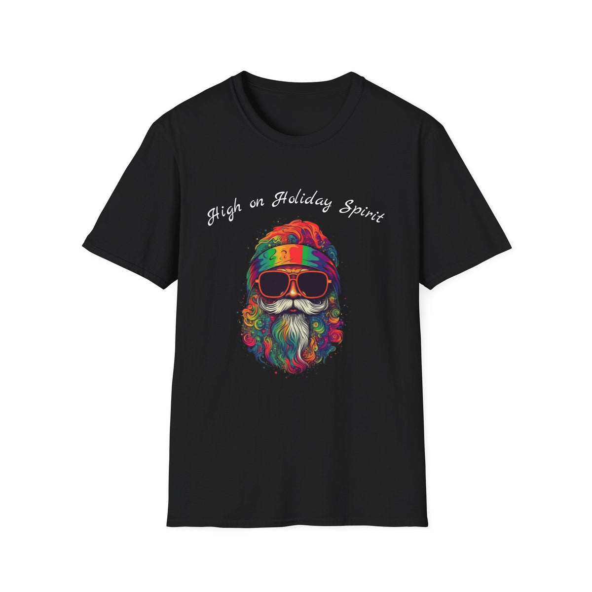 Psychedelic Santa T-Shirt — Colorful Retro Beard & Sunglasses Tee | High on Holiday Spirit