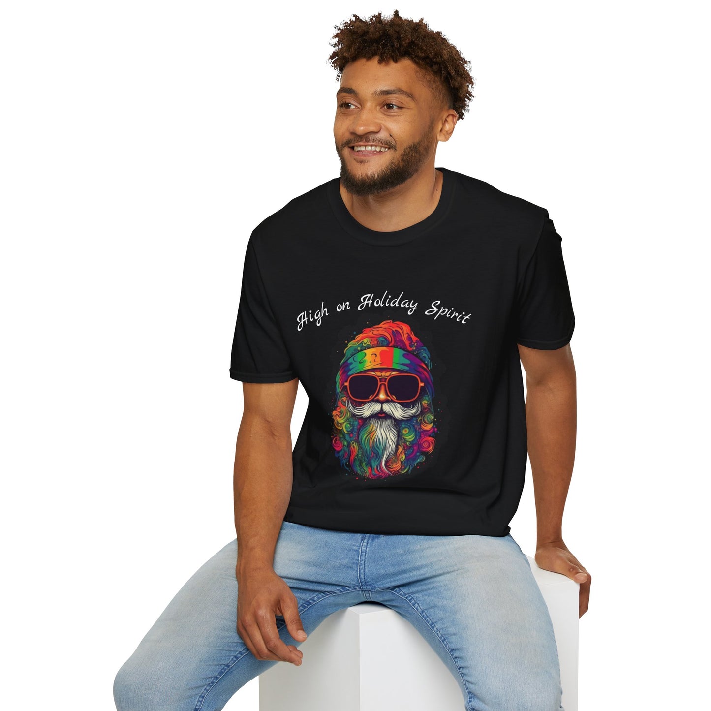 Psychedelic Santa T-Shirt — Colorful Retro Beard & Sunglasses Tee | High on Holiday Spirit