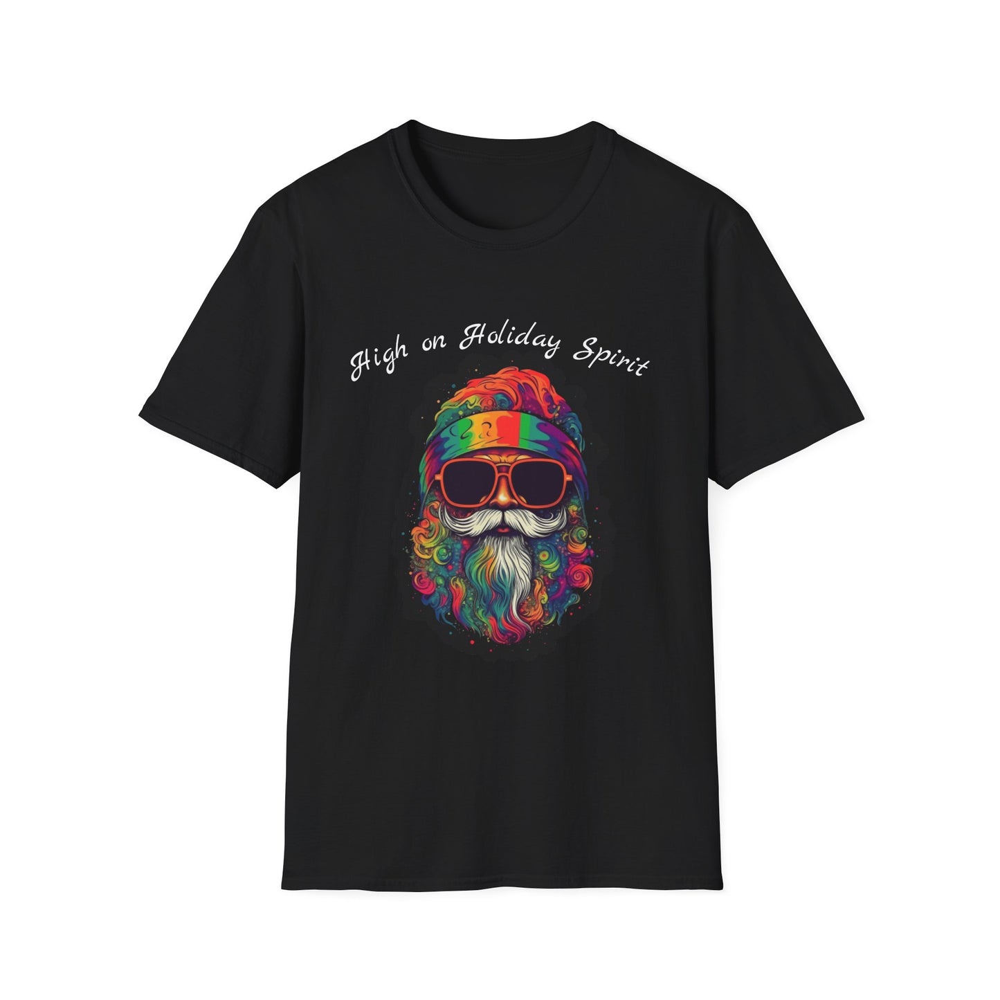 Psychedelic Santa T-Shirt — Colorful Retro Beard & Sunglasses Tee | High on Holiday Spirit