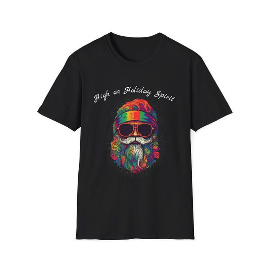 Psychedelic Santa T-Shirt — Colorful Retro Beard & Sunglasses Tee | High on Holiday Spirit