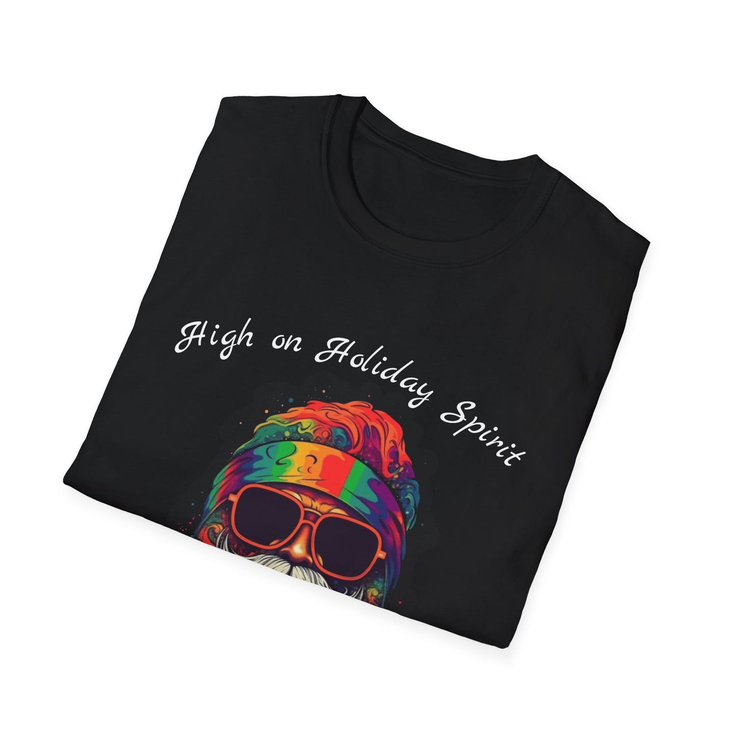 Psychedelic Santa T-Shirt — Colorful Retro Beard & Sunglasses Tee | High on Holiday Spirit